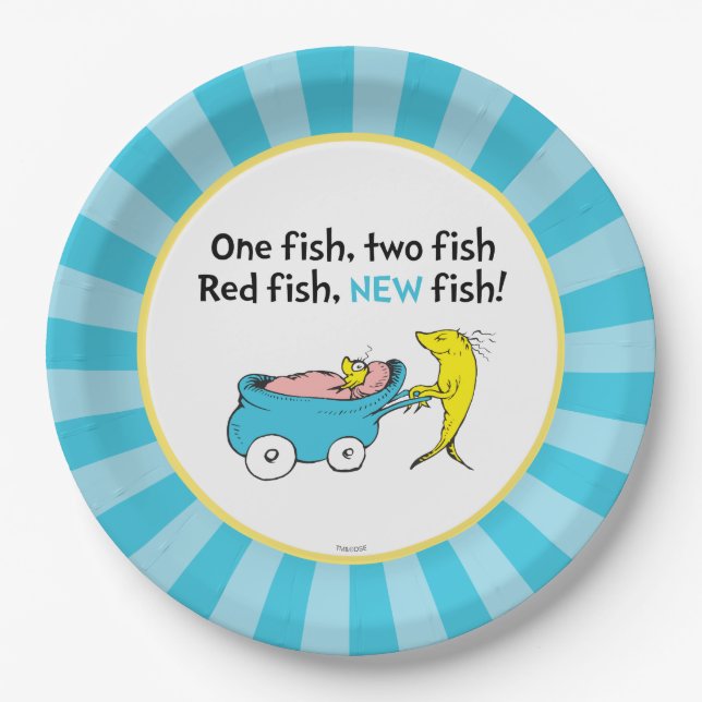Prato De Papel Dr. Seuss | Um Peixe - Chá de Bebê de Menino (Frente)