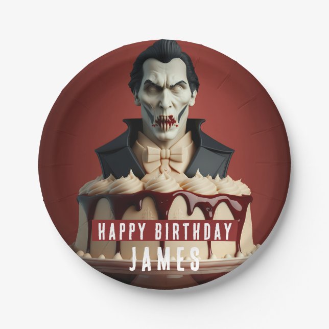 Prato De Papel Dracula Vampiro temido Cream Cake - Aniversário (Frente)