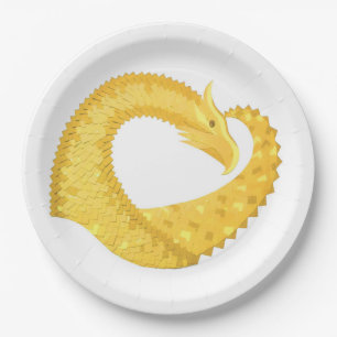 Prato De Papel Dragão amarelo no branco