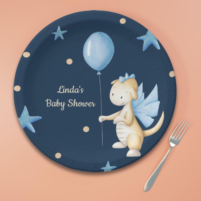 Prato De Papel Dragão bebê personalizado com Chá de fraldas de ba (Navy blue dragon boy baby shower paper plates)