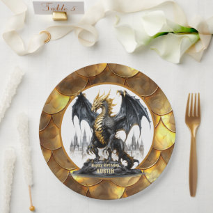 Prato De Papel Dragão Dourado e Preto com Borda de Escamas de Dra