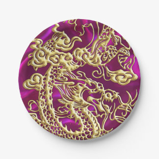 Prato De Papel Dragão Dourado embutido em magenta satin