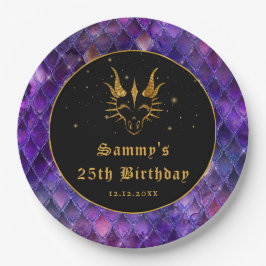 Prato De Papel Dragão Roxo Escala Dourada Faux Glitter Aniversári