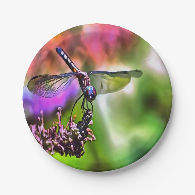 Prato De Papel Dragonfly em pintura realística verde e azul (Frente)