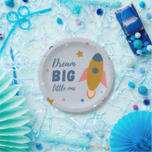 Prato De Papel Dream Big Little One Cute Cartoon Space Rocket