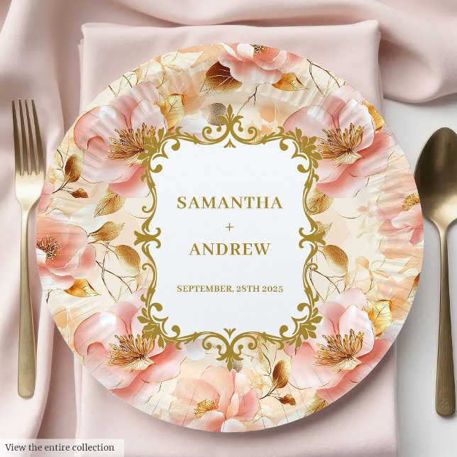Prato De Papel Dreamy Blush Dourado Papéis de Casamento (Dreamy Blush Gold Wedding Paper Plates)
