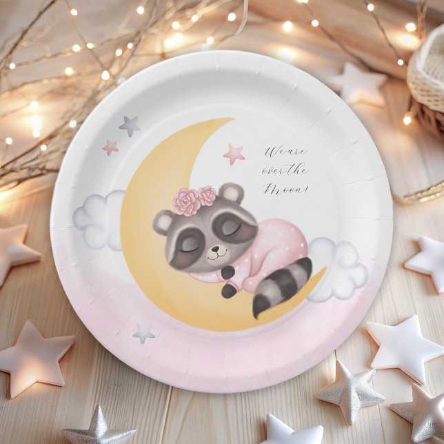 Prato De Papel Dreamy sobre o Chá de fraldas Moon Raccoon Girl (Dreamy Over the Moon Baby Shower Time Capsule Poster)