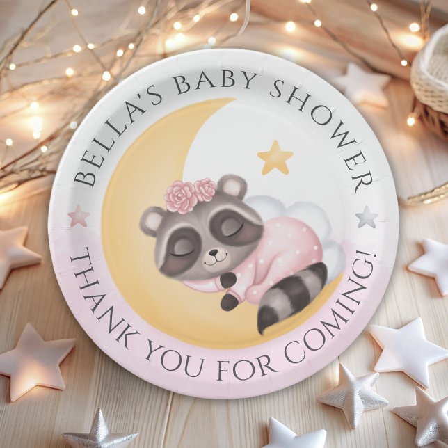 Prato De Papel Dreamy sobre o Chá de fraldas Moon Raccoon Girl (Dreamy Over the Moon Raccoon Girl Baby Shower Paper Plates)
