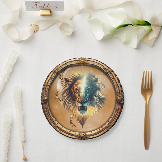 Prato De Papel Dualidade de Força, Leão e Mulher. (Casamento)