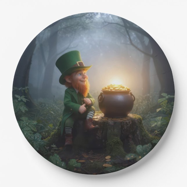 Prato De Papel Duende Irlandês com um Caldeirão de Ouro (Frente)