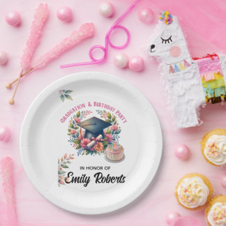 Prato De Papel Dupla Celebração Floral de Formatura e Aniversário