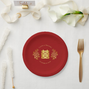Prato De Papel Dupla felicidade floral casamento chinês vermelho