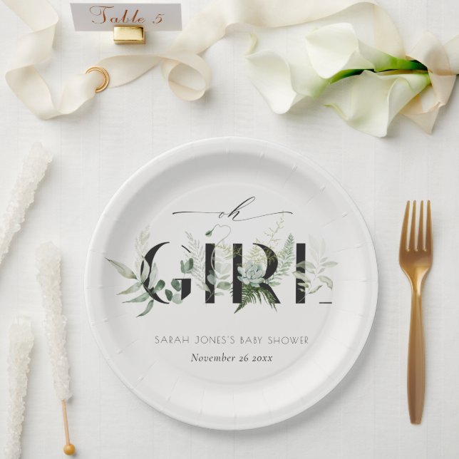 Prato De Papel Dusky Leafy Fern Succult Oh Girl Chá de fraldas (Casamento)