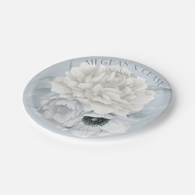 Prato De Papel Dusty Blue Anemone Cream Peony Floral (Inclinado)