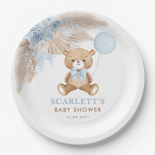 Prato De Papel Dusty Blue Boho Bear Bear Baby Chá (Frente)