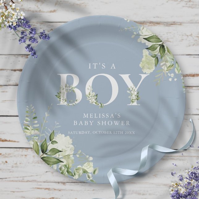 Prato De Papel Dusty Blue É Um Chá de fraldas De Letra Verde Meni (Dusty Blue Its A Boy Greenery Letter Baby Shower Paper Plates)