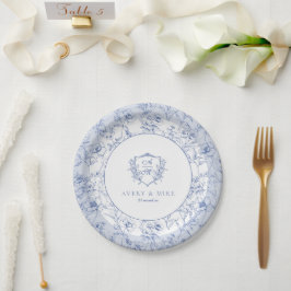 Prato De Papel Dusty Blue Elegant Vintage Rosas Crest Casamento