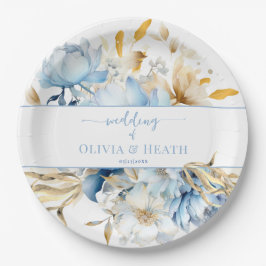 Prato De Papel Dusty Blue Floral Dourado Casamento