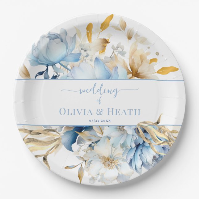 Prato De Papel Dusty Blue Floral Dourado Casamento (Frente)