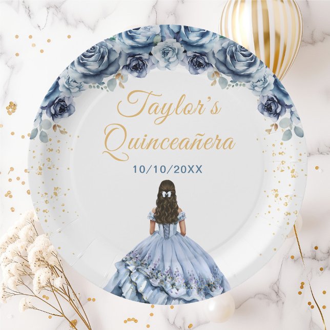 Prato De Papel Dusty Blue Princess Floral Quinceañera (Criador carregado)