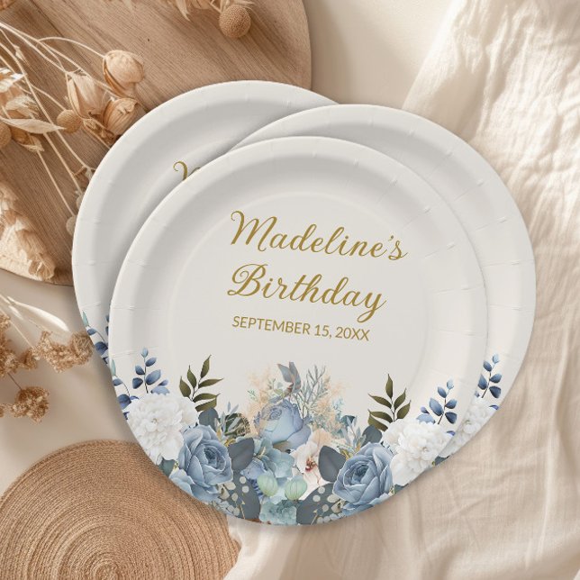 Prato De Papel Dusty Blue White Floral Dourado Feliz Aniversário (Dusty blue watercolor floral women's birthday party paper plates)