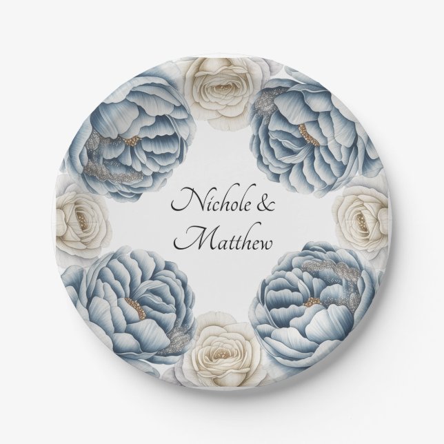 Prato De Papel Dusty Blue & White Peony Weds (Frente)