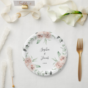 Prato De Papel Dusty Pink Blush Floral Eucalyptus Casamento