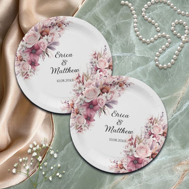 Prato De Papel Dusty Pink Boho Floral Casamento (Criador carregado)