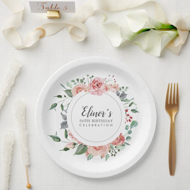 Prato De Papel Dusty Pink Floral 50º Aniversário Obrigado (Casamento)