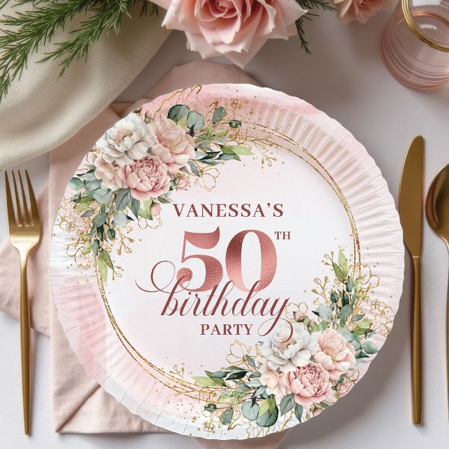 Prato De Papel Dusty Pink Rose Gold Floral 50th Birthday Dinner   (Dusty Pink Rose Gold Floral 50th Birthday Dinner Paper Plates

)