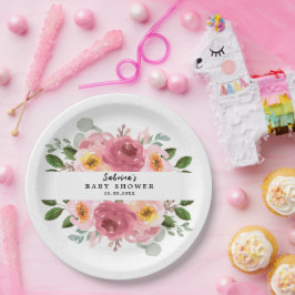 Prato De Papel Dusty Rosa | Chá de fraldas Floral Cor-de-rosa