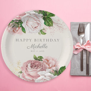 Prato De Papel Dusty Rose Floral Vintage de Aniversário Feminino