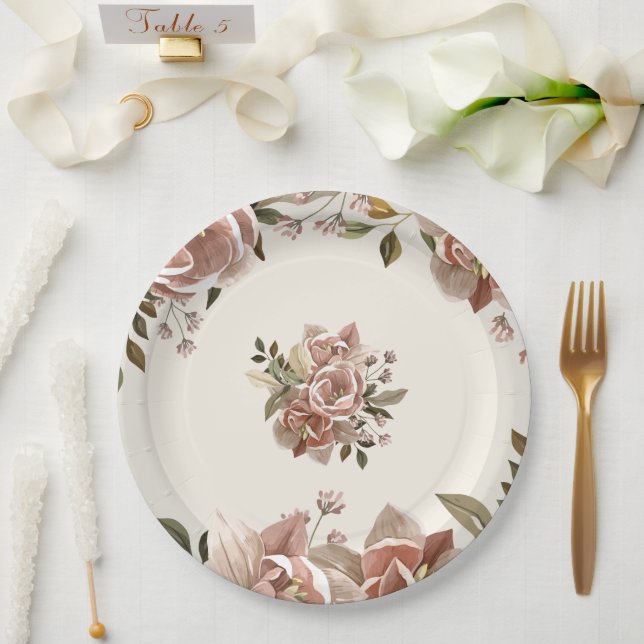 Prato De Papel Dusty Rose Floral Wedding Paper Plate (Casamento)