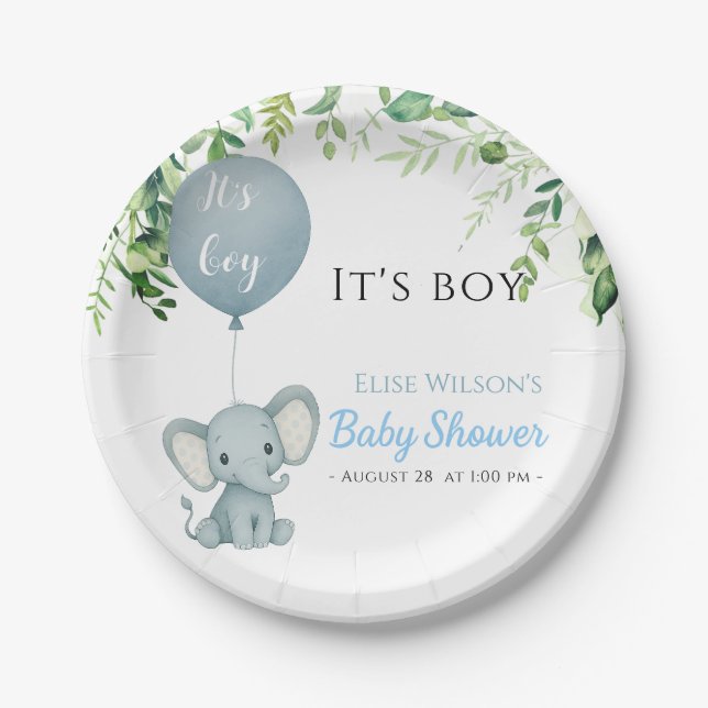 Prato De Papel É garoto! Pequeno elefante bonito com balão (Frente)