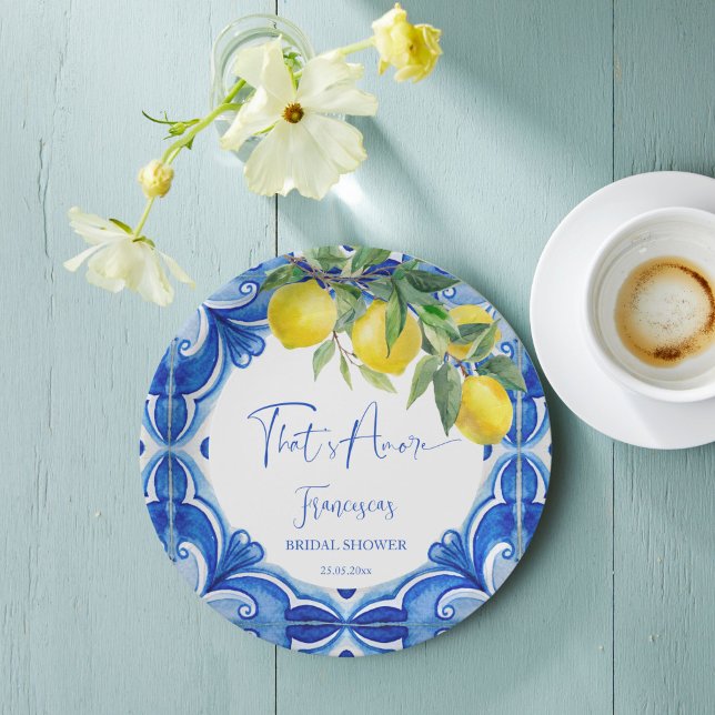 Prato De Papel É mais azulejo azul, limão, chá de panela italiano (That's amore vintage Italian blue tiles lemons bridal shower printed Paper Plates personalized decor)