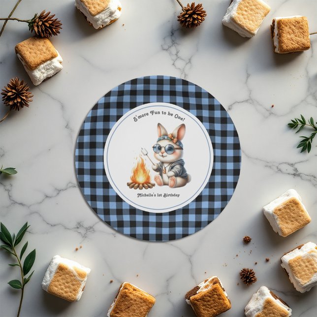 Prato De Papel "É mais divertido ser um!" Primeiro aniversario de ("S'more Fun to Be One!" Bunny Camping 1st Birthday Paper Plates)