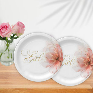 Prato De Papel É um Chá de fraldas Dourado Floral Moderno Rosa