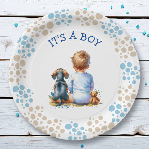 Prato De Papel É um menino   Bebê e Dachshund Chá de fraldas