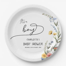 Prato De Papel É um menino! Chá de fraldas de flor selvagem color