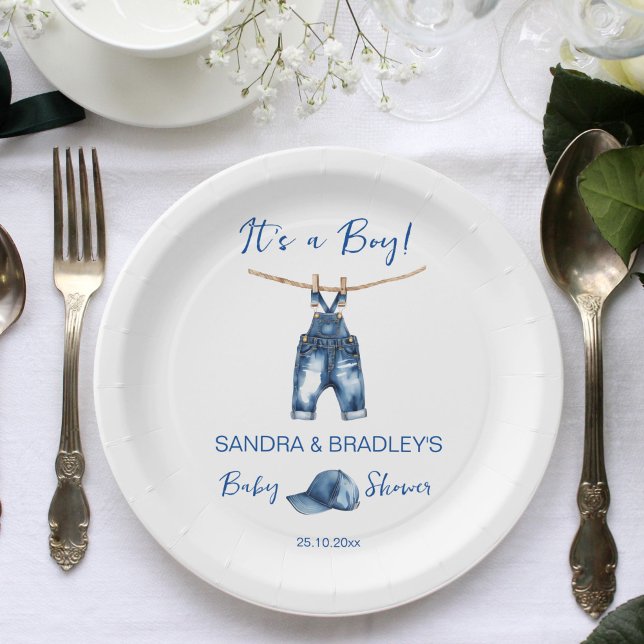 Prato De Papel É um modelo de jeans azul de menino (It's a boy blue jeans baby shower template paper plates personalized tableware decor cute jeans cap)