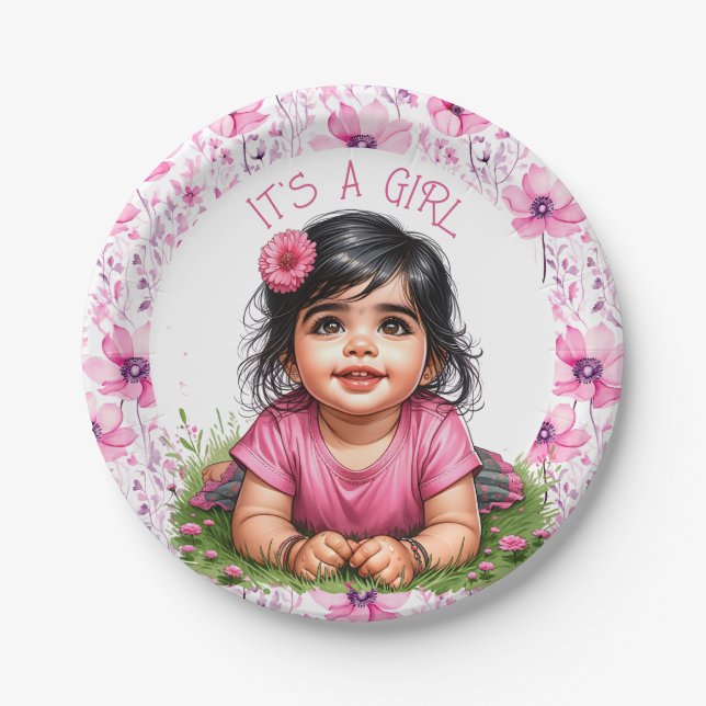 Prato De Papel É uma garota | Chá de fraldas de menina Floral Ros (Frente)