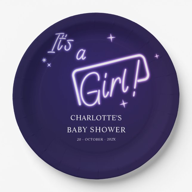 Prato De Papel É uma garota! Chá de fraldas de Texto Neon Puro (Frente)