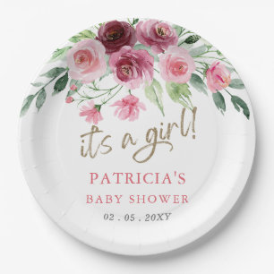 Prato De Papel É uma garota Chá de fraldas Floral Moderno Rosa Ro