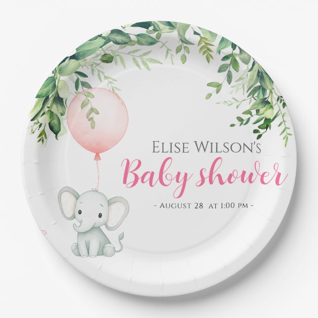 Prato De Papel É uma garota! Pequeno elefante bonito com balão (Frente)