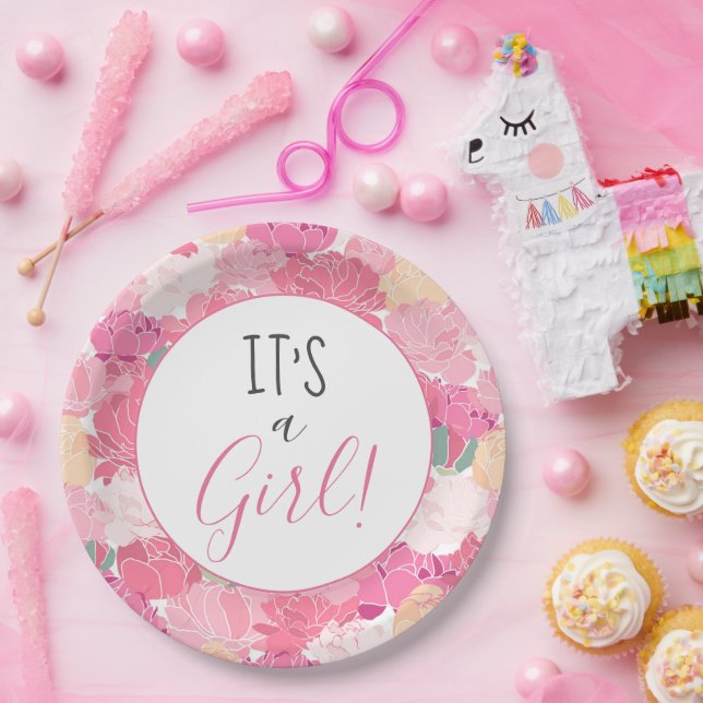 Prato De Papel É uma Garota Rosa Padrão Floral Bebê borrifado (Festa)