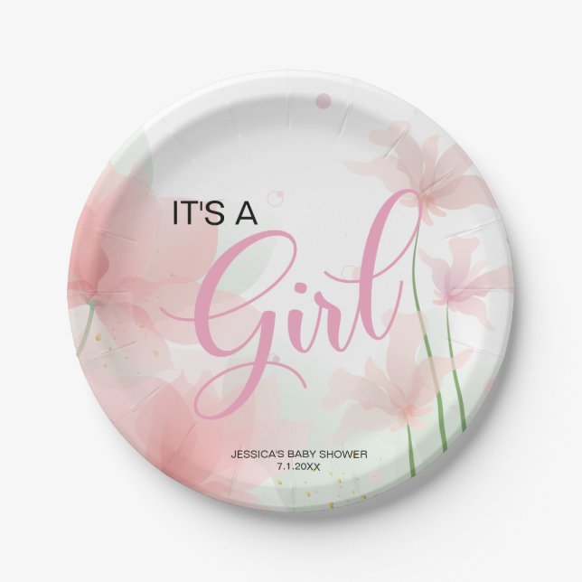 Prato De Papel É uma Menina Flores Rosa Suave  (Frente)