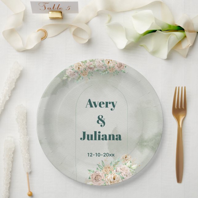 Prato De Papel Earthy Shades Flowers Boho Elegant Sage Green (Casamento)