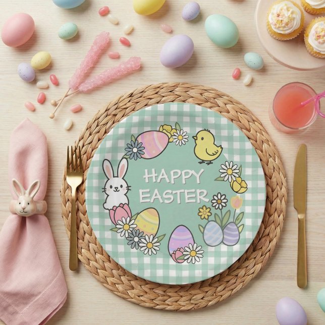 Prato De Papel Easter Brunch & Egg Hunt Green Gingham (Criador carregado)