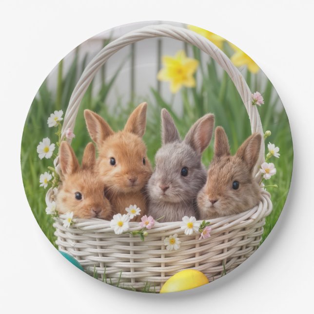 Prato De Papel Easter Bunnies in a Wicker Basket (Frente)