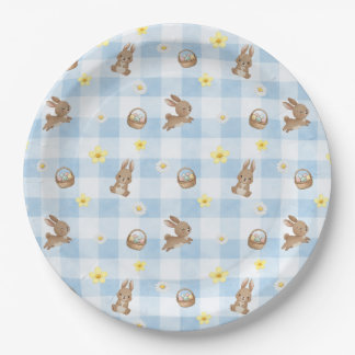 Prato De Papel Easter Bunny Blue Gingham